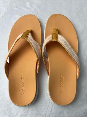 Vionic Indigo Women's Orangish Yellow Striped Fabric Strap Flip Flops Size 10